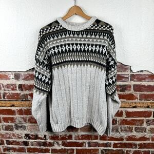 Vintage Field Master Sweater Sz XLT Tan Black Fair Isle Cotton Crewneck USA 90s